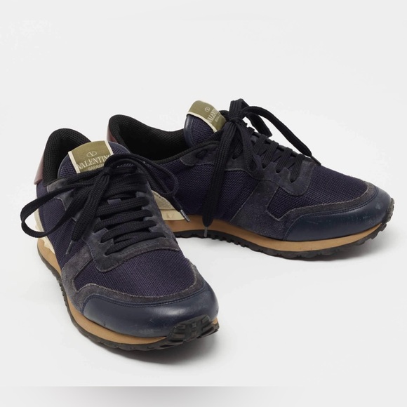Valentino Rock-runner tricolor leather, suede and mesh sneakers. Size: 40 (US 7)